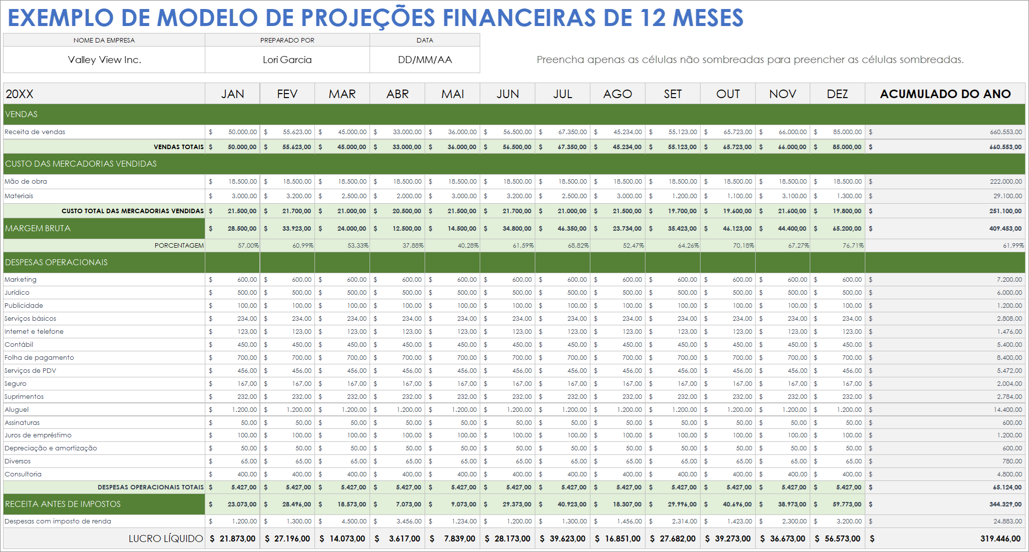 Exemplo de modelo de projeções financeiras de 12 meses