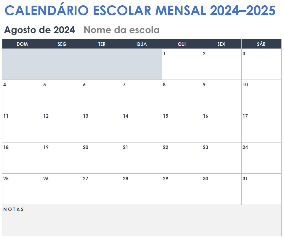 Calendário escolar mensal 2024-2025