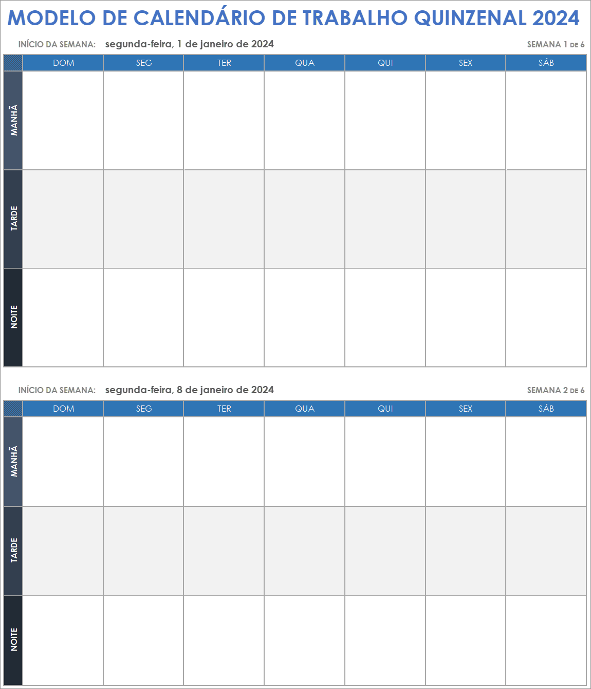 Modelo de calendário de trabalho quinzenal