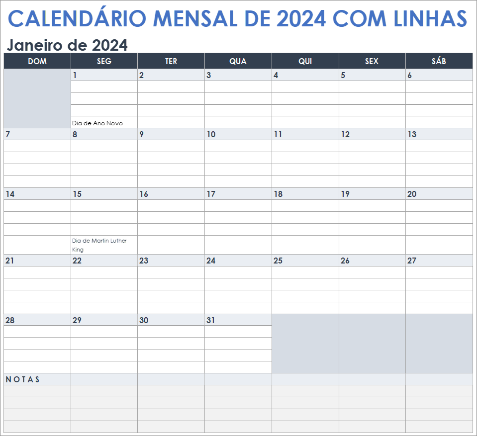 Calendário mensal pautado 2024