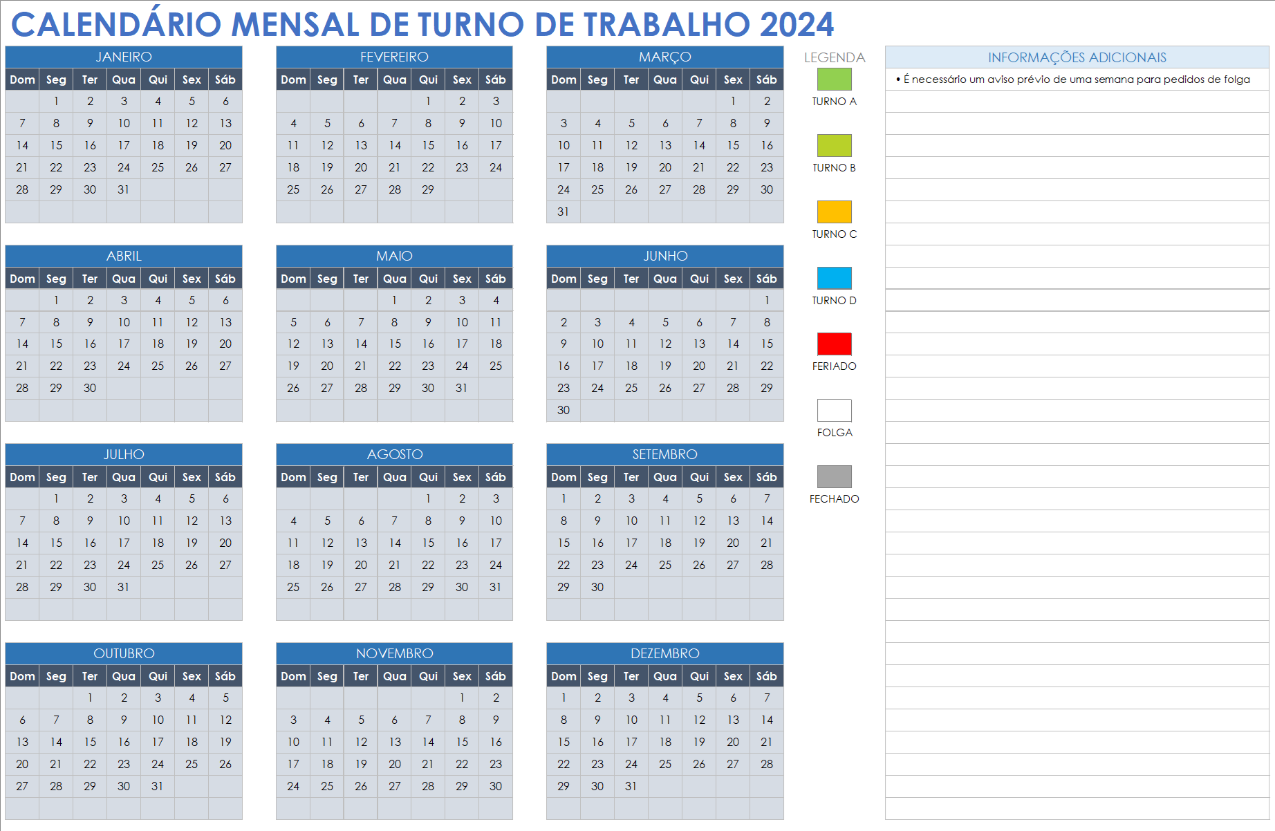 Calendário mensal de trabalho por turnos de 2024