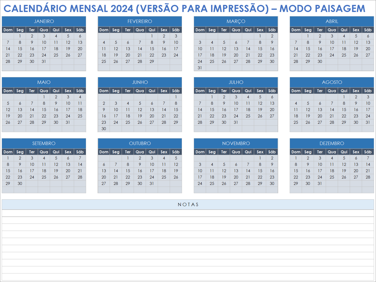 Calendário mensal para impressão 2024 paisagem