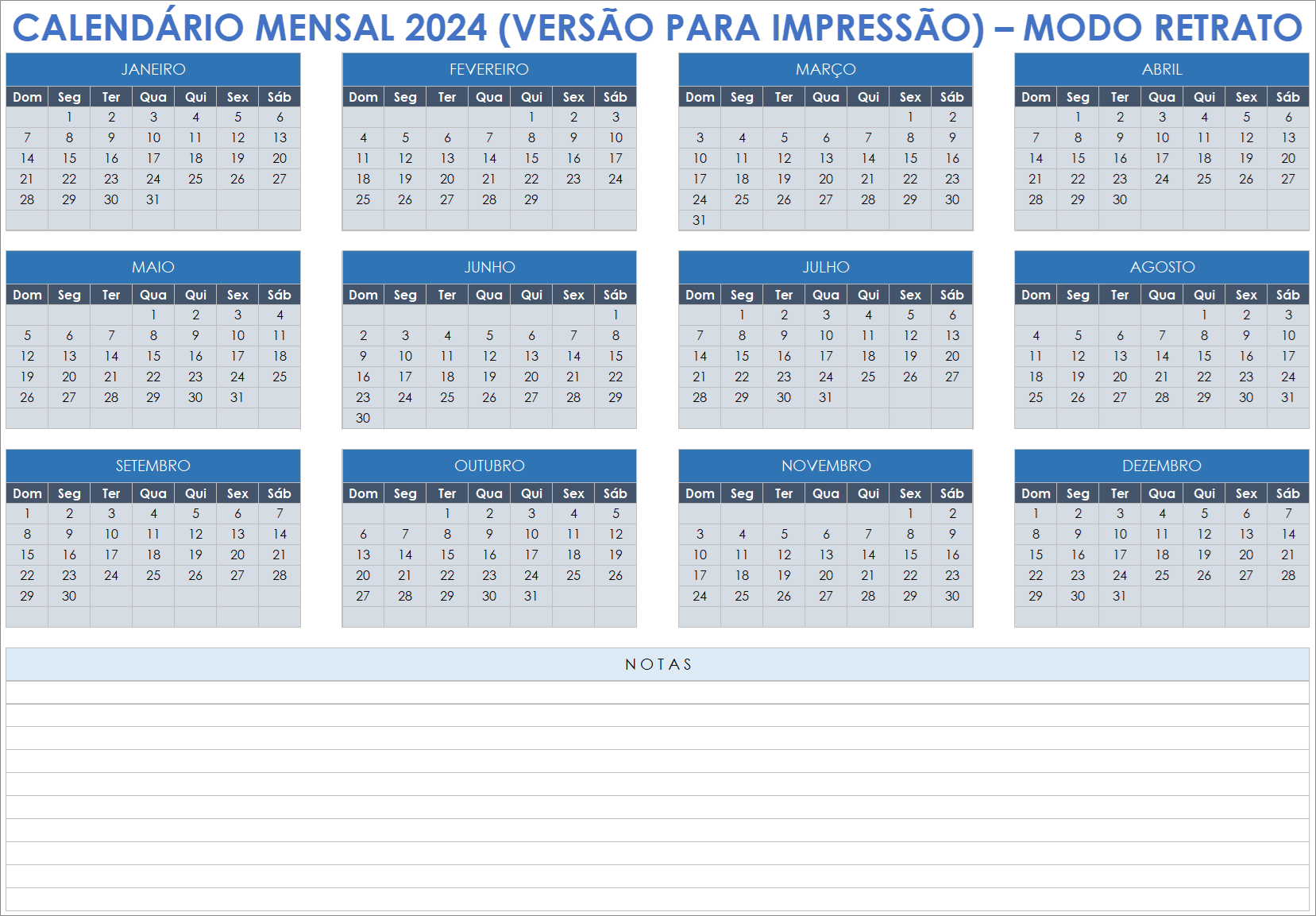 Calendário mensal para impressão 2024 retrato