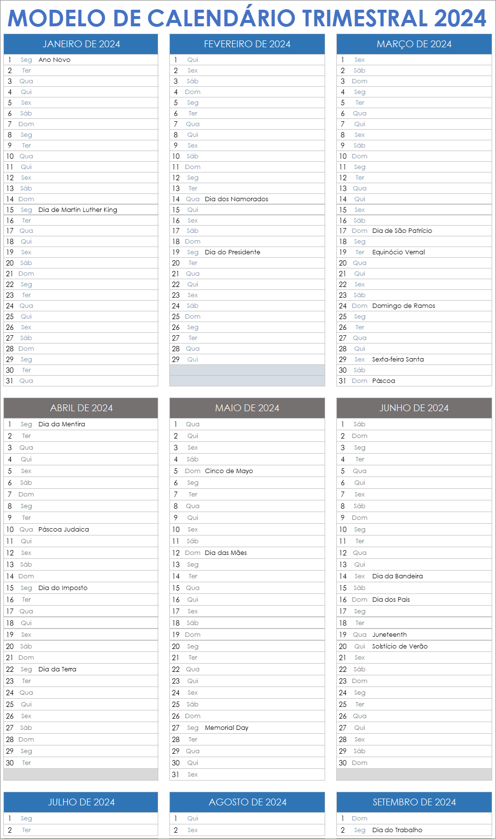Modelo de calendário trimestral 2024