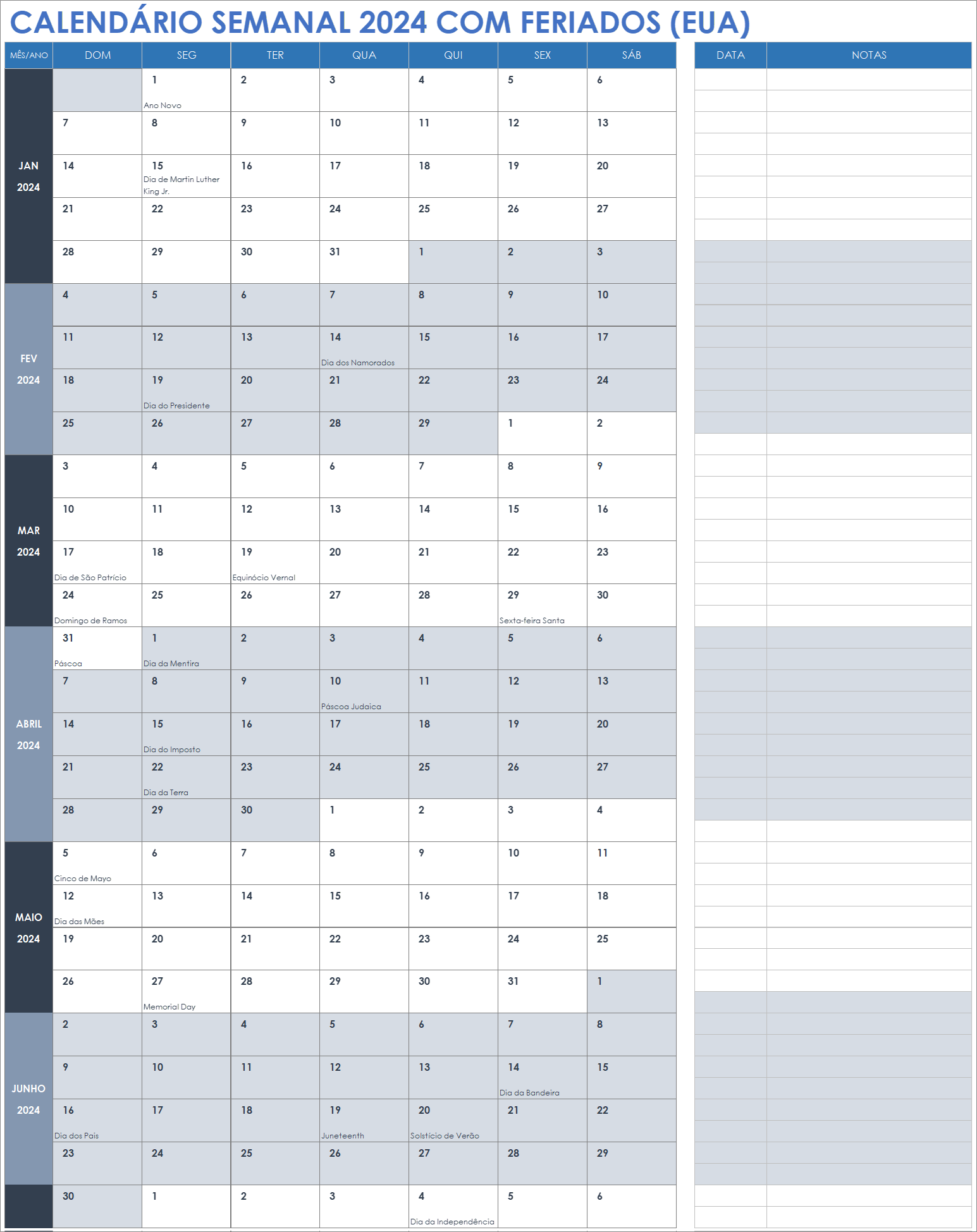 Calendário semanal 2024 com 12 feriados modelo