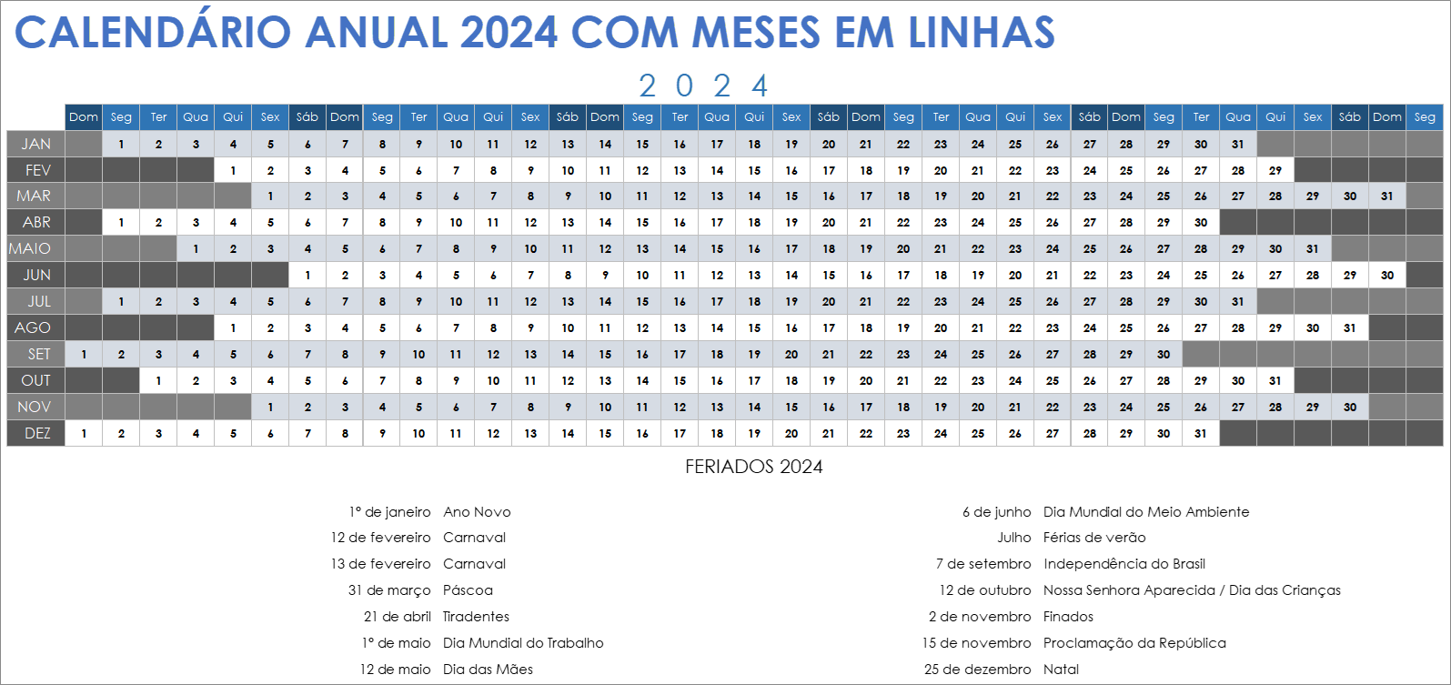 Modelo de calendário anual 2024 com meses e linhas