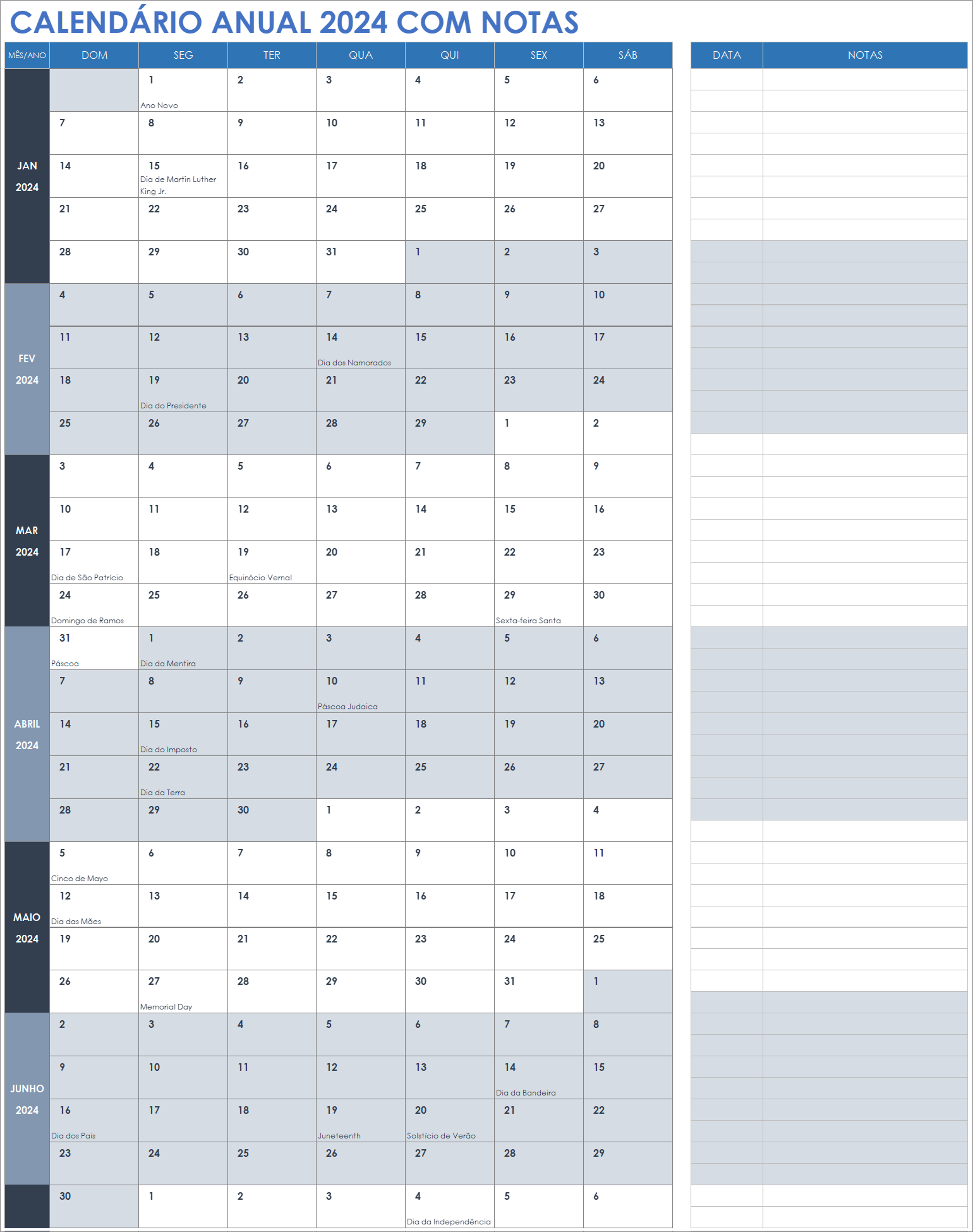 Calendário anual 2024 com notas