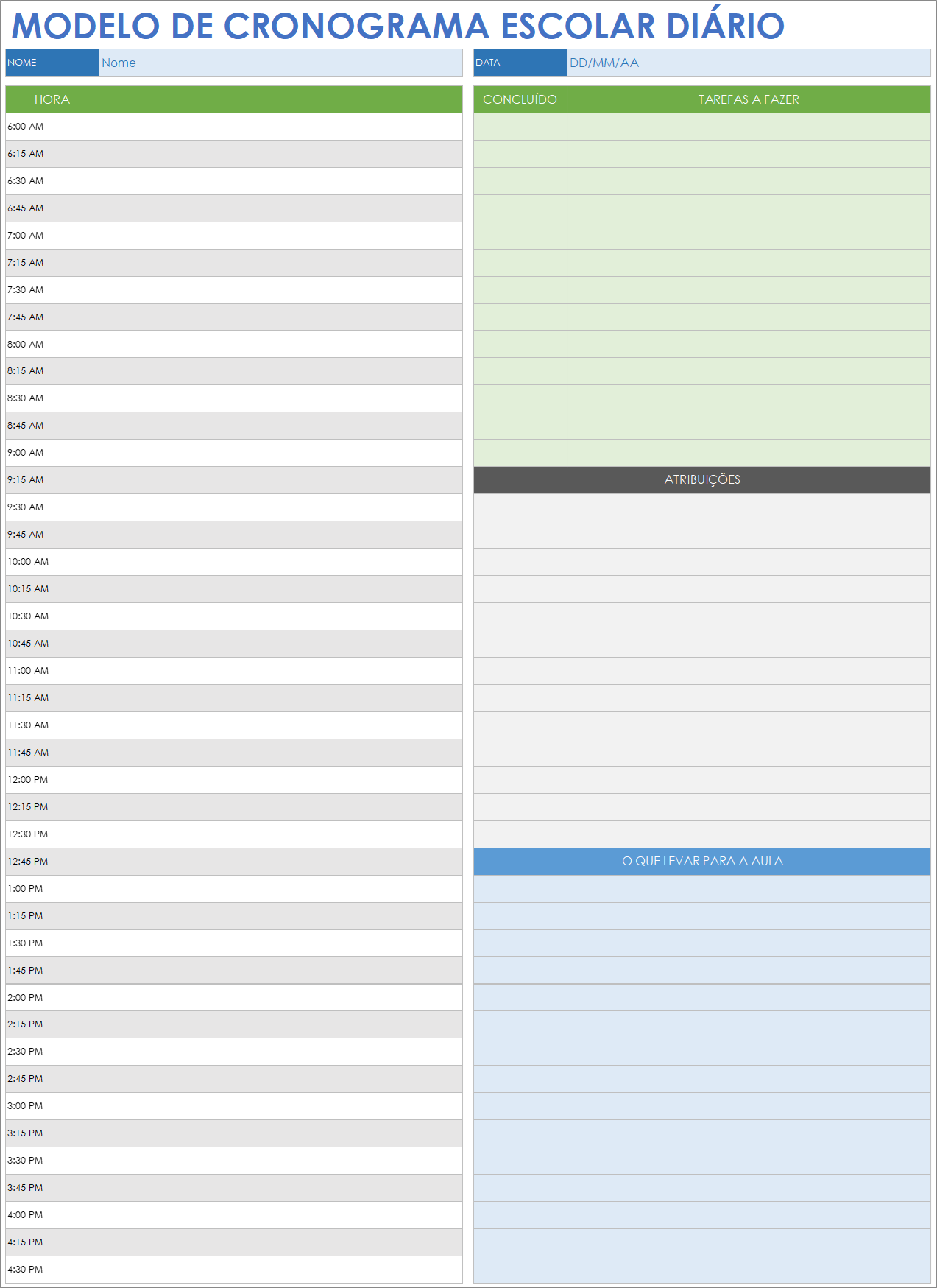 Modelo de cronograma escolar diário