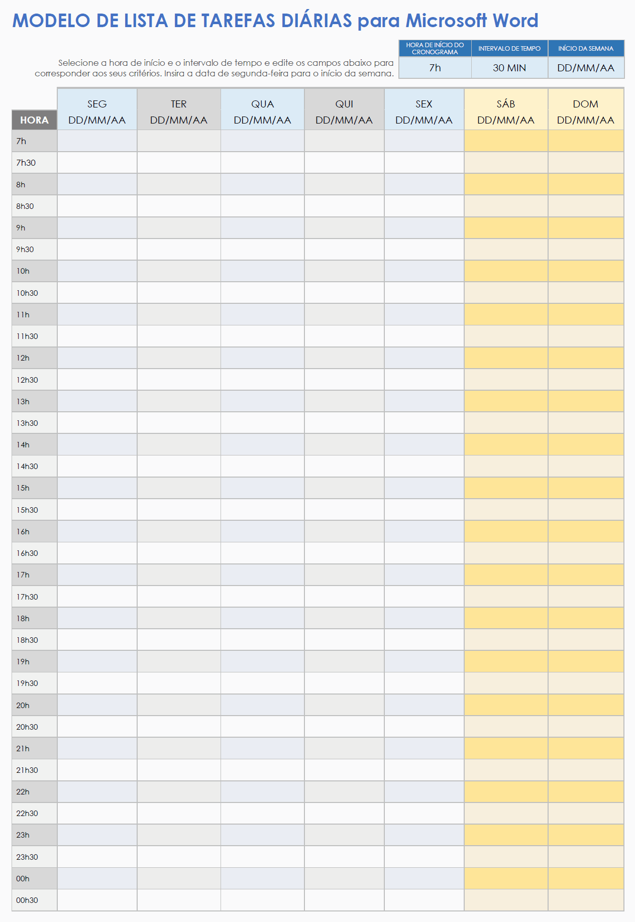 Modelo de lista de tarefas semanais para o Microsoft Word