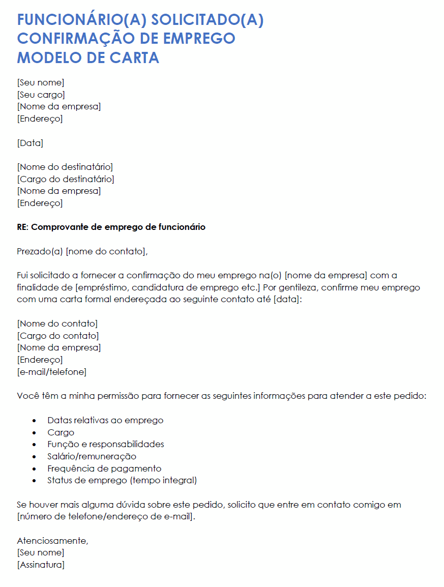 Modelo de carta de verificação de emprego solicitado pelo funcionário