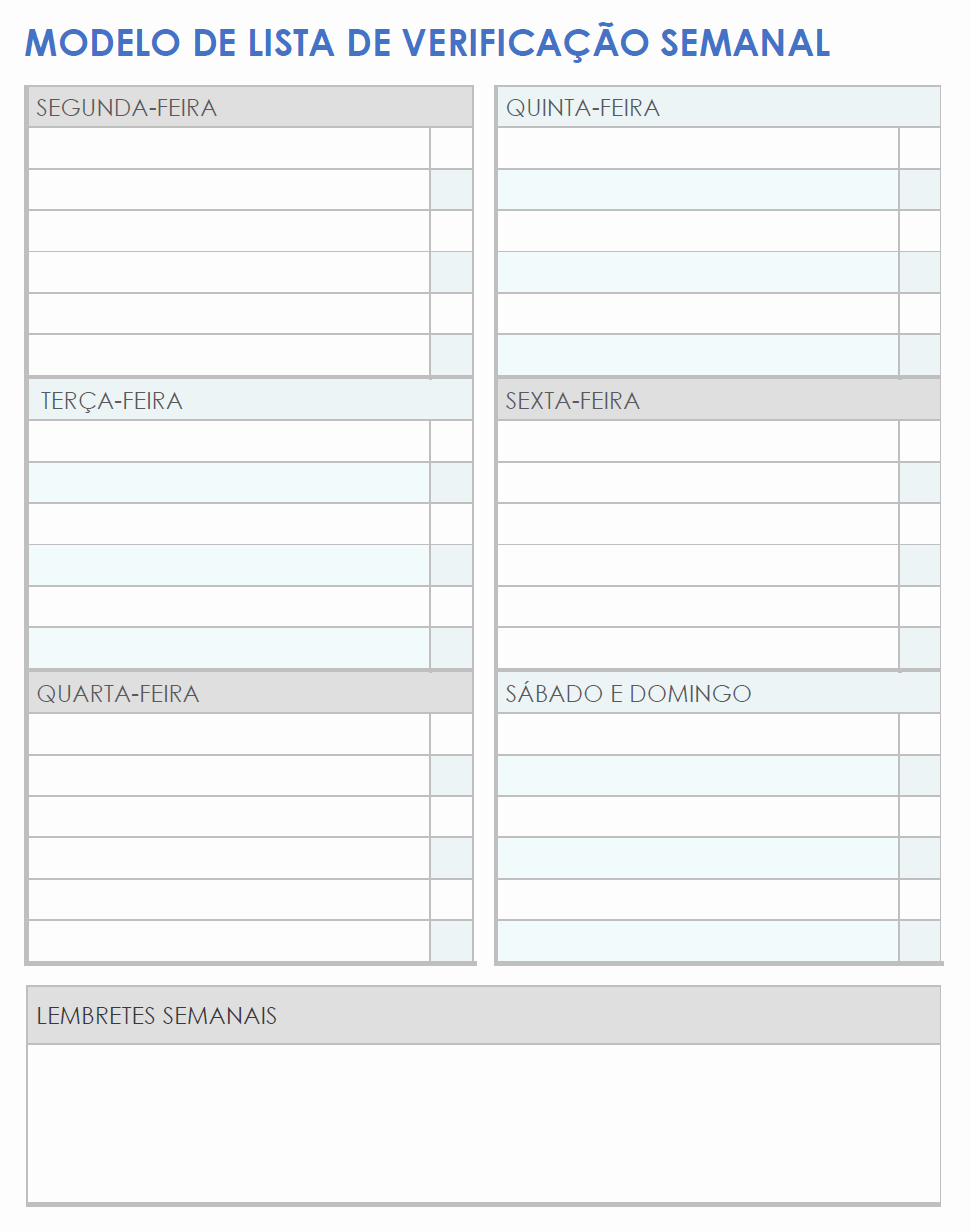 Modelo de lista de verificação semanal do Google Docs