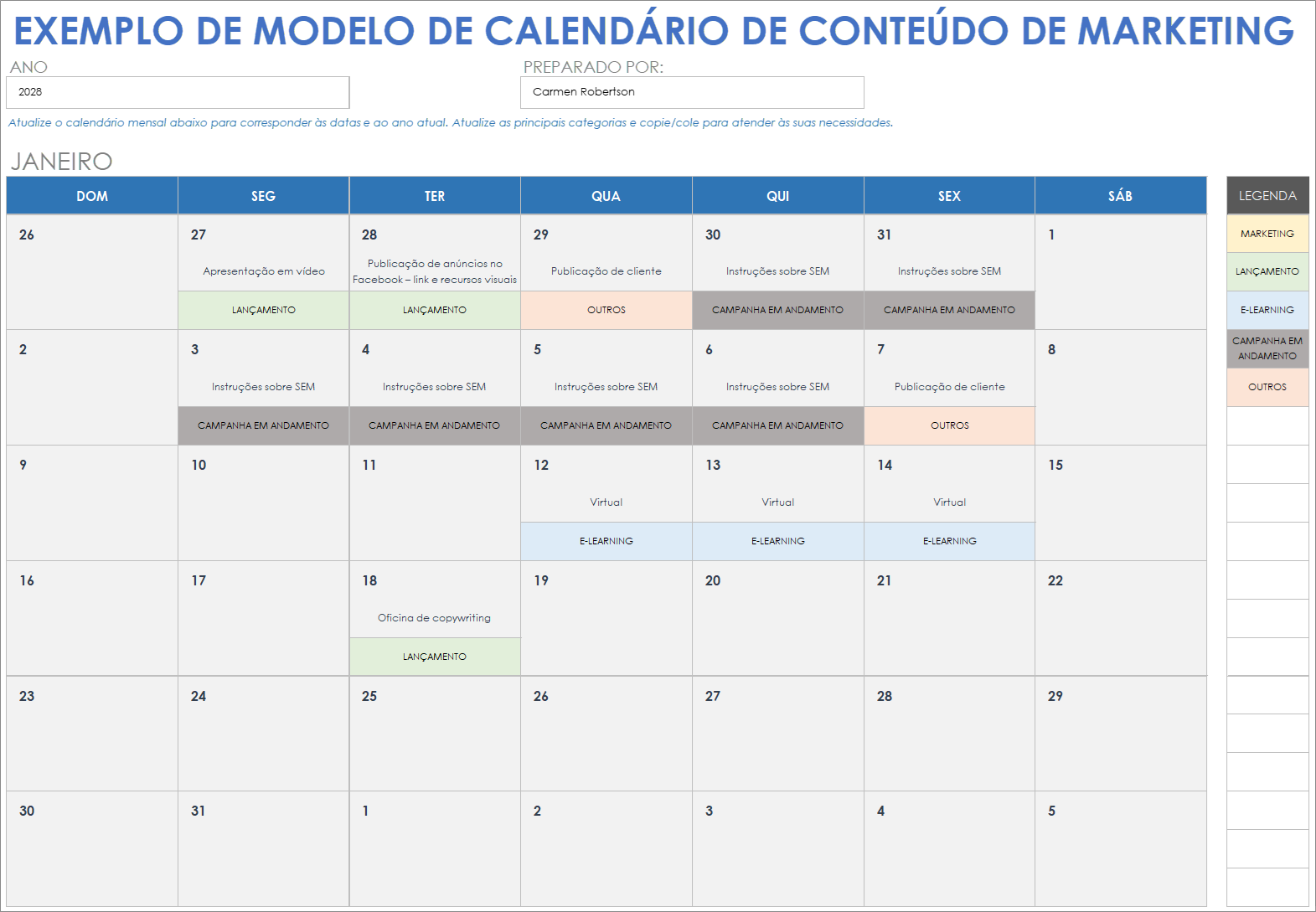 Exemplo de calendário de conteúdo de marketing