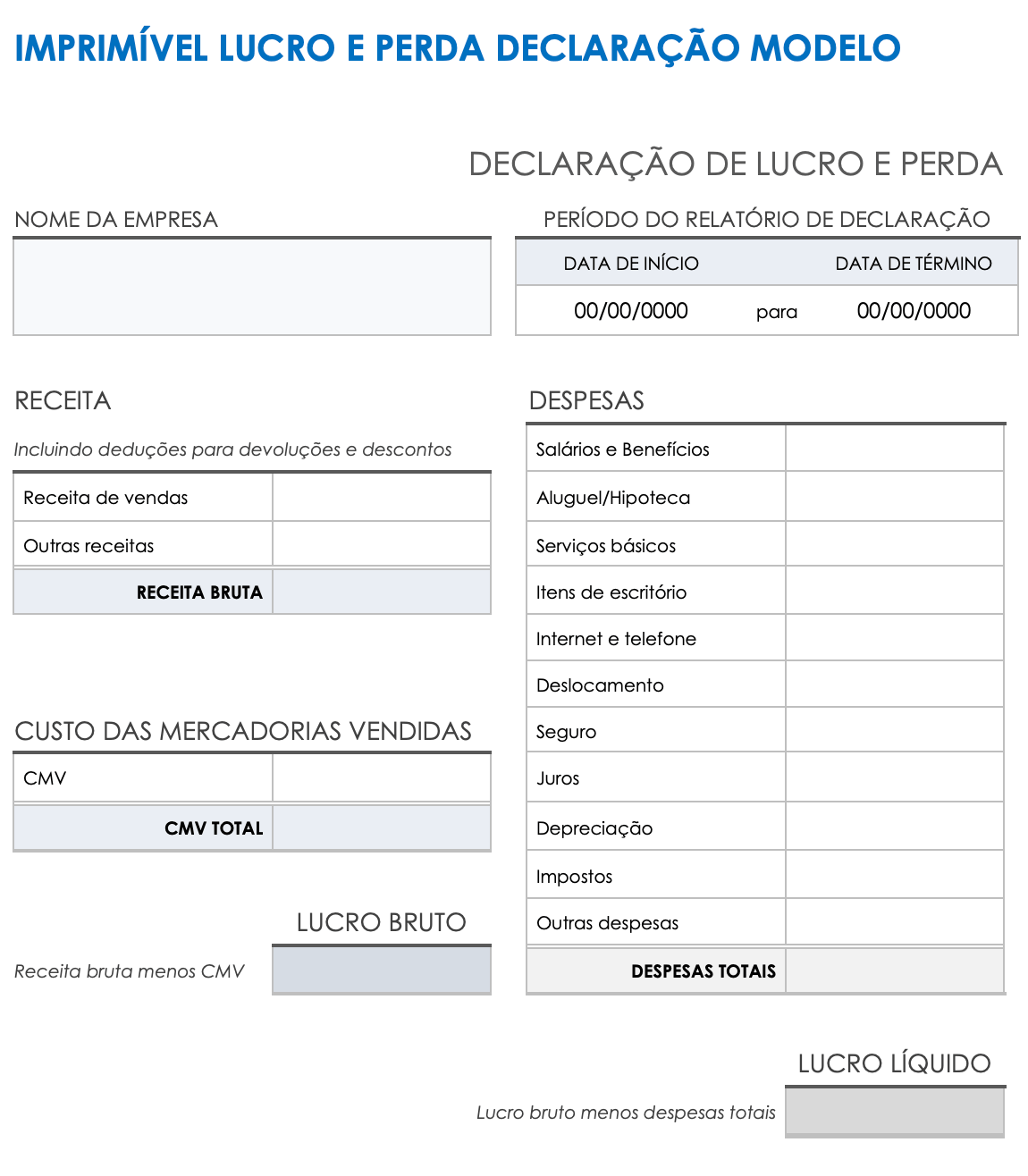 Modelo de Declaração de Lucros e Perdas para Impressão IC