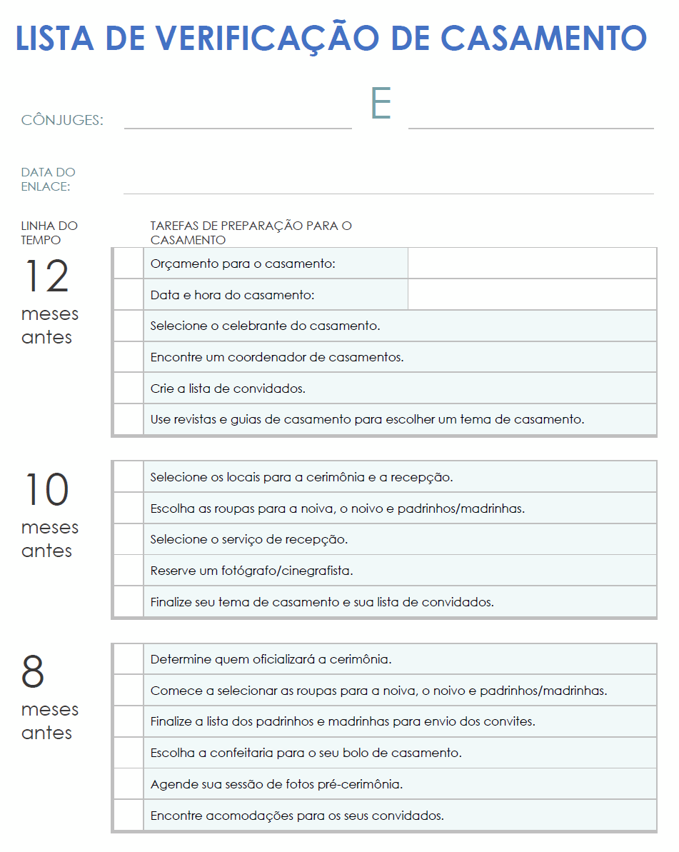 Modelo de lista de verificação de casamento para impressão