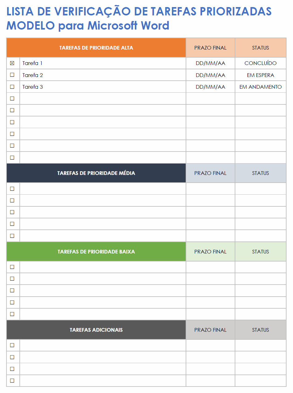 modelo de lista de verificação de tarefas priorizadas para o Microsoft Word