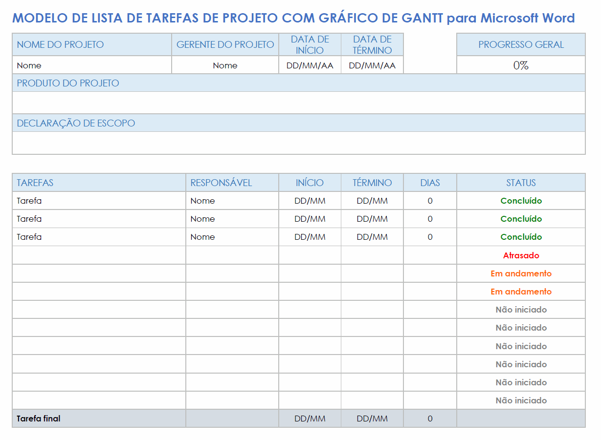 Lista de tarefas do projeto com modelo de gráfico de Gantt para Microsoft Word