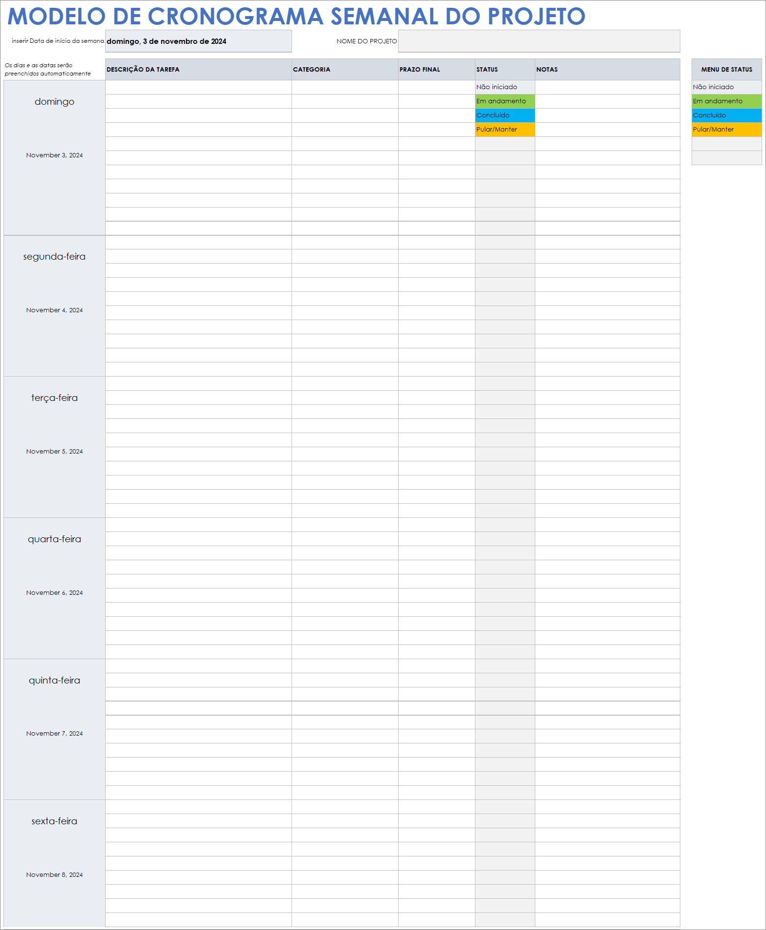 Modelo de cronograma semanal do projeto