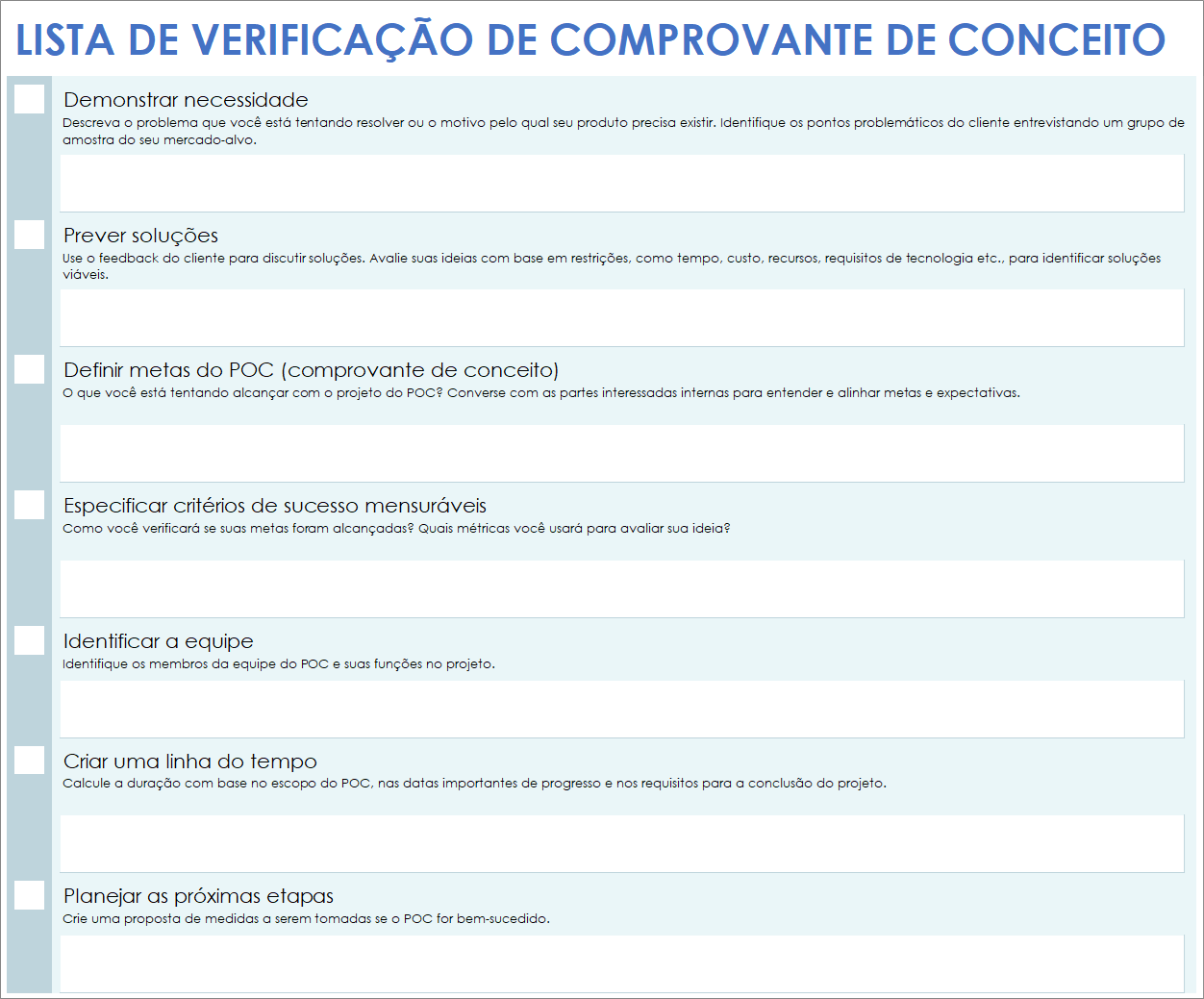  Modelo de lista de verificação de prova de conceito