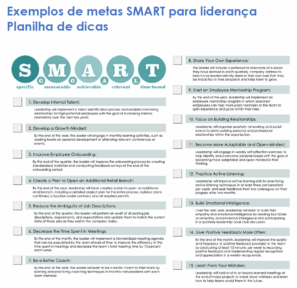 Folha de dicas sobre metas SMART para liderança