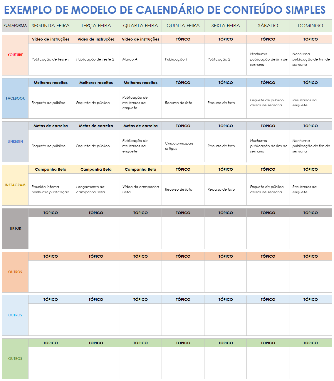 Exemplo simples de calendário de conteúdo