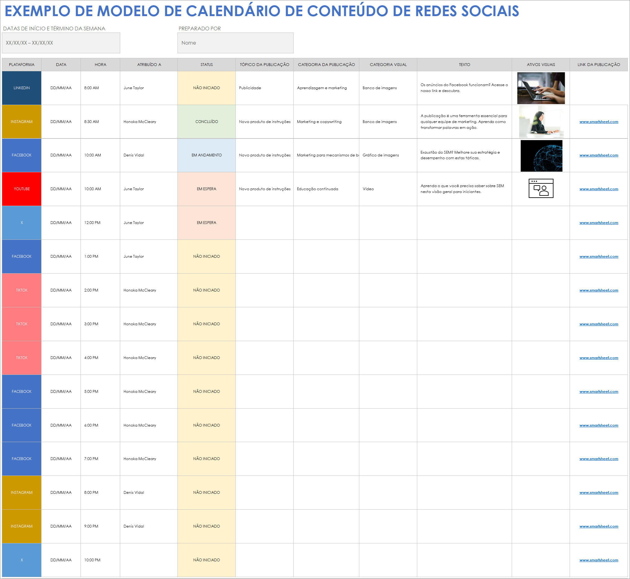 Exemplo de calendário de conteúdo de mídia social