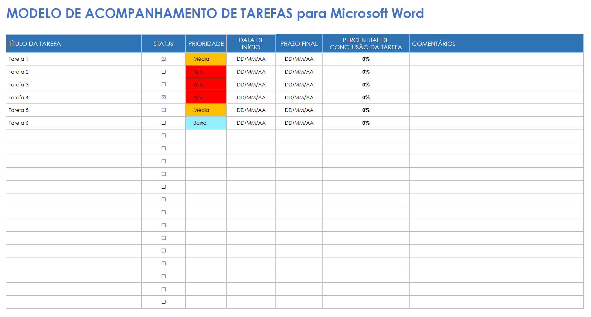 Modelo de rastreador de tarefas para Microsoft Word