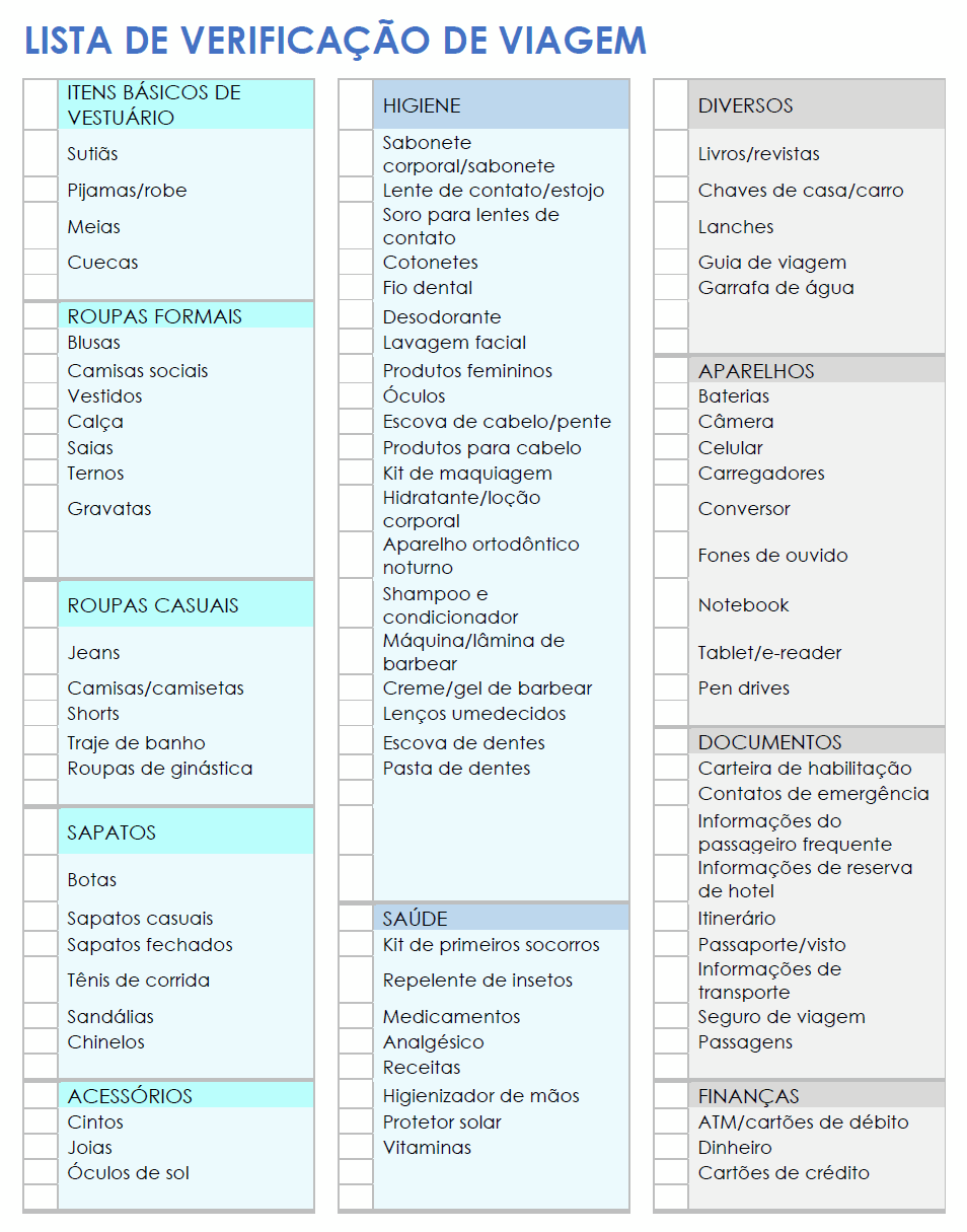 Modelo de lista de verificação de embalagem para viagem