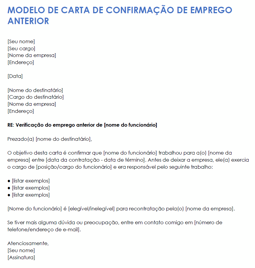 Modelo de carta de verificação de emprego anterior