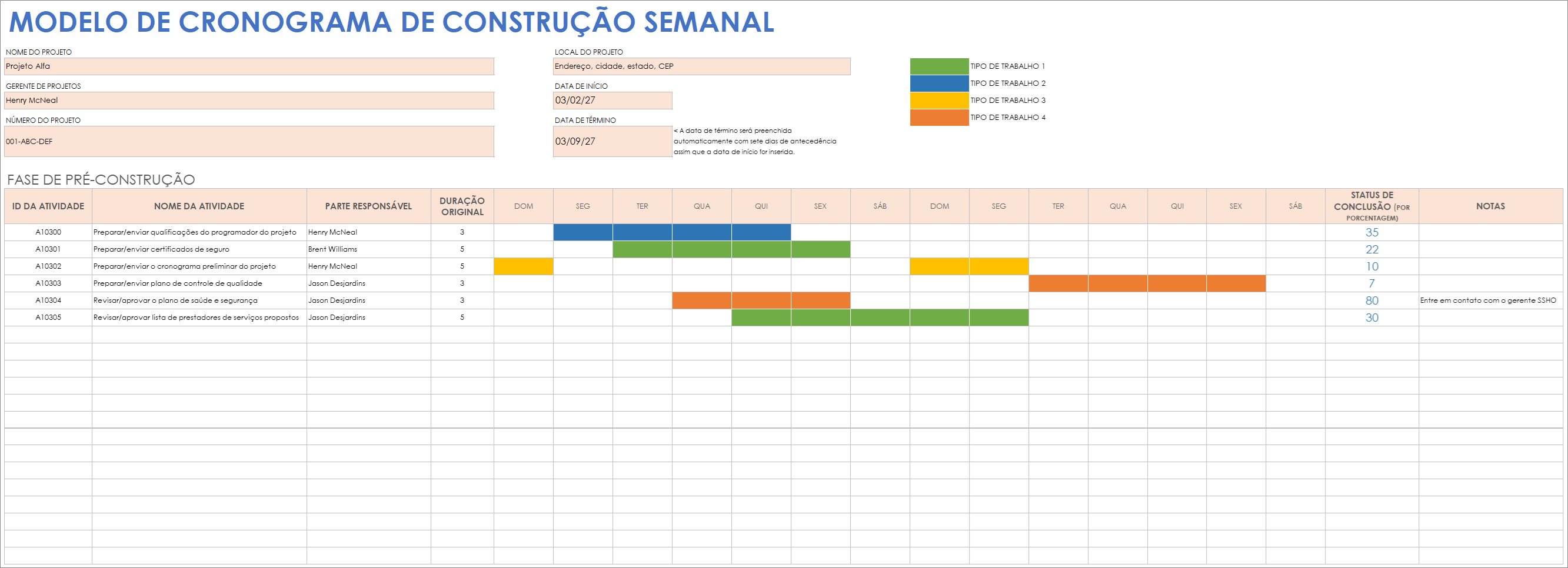 Modelo de cronograma semanal de construção