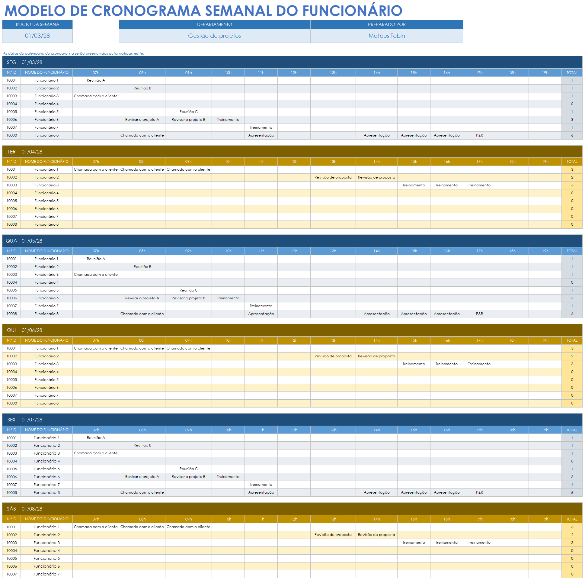 Modelo de cronograma semanal de funcionários