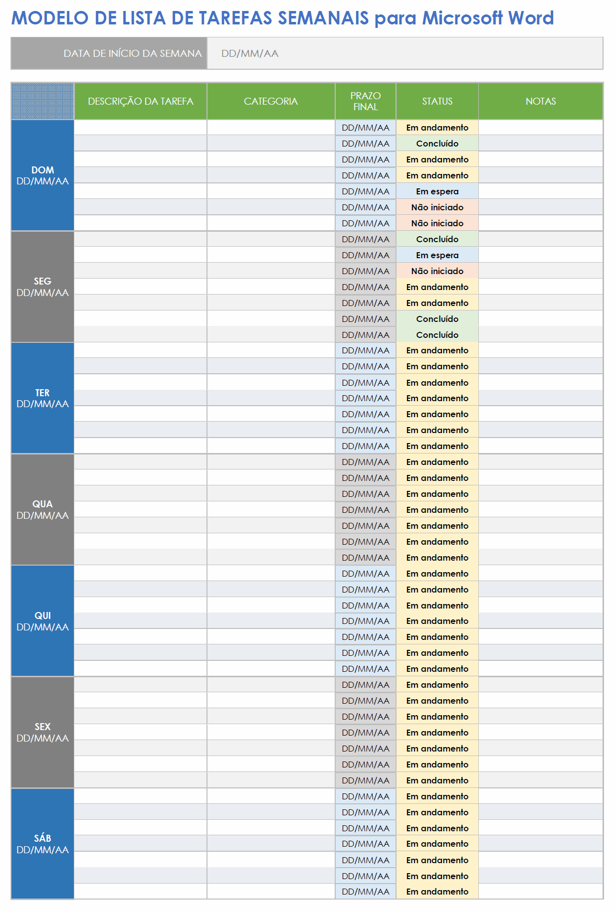 Modelo de lista de tarefas semanais para o Microsoft Word