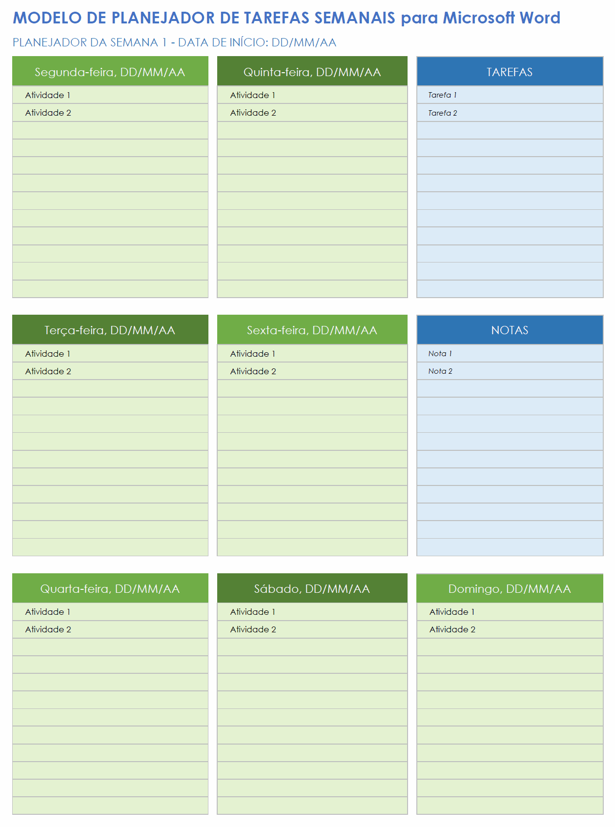 Modelo de planejador de tarefas semanais para Microsoft Word