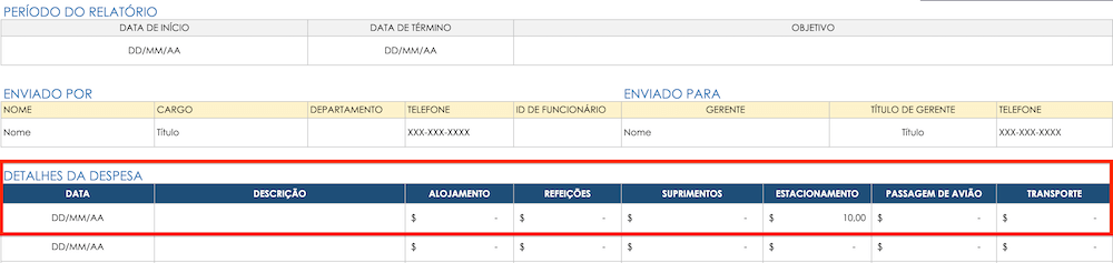 valores do relatório de despesas