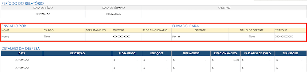 detalhes de envio do relatório de despesas
