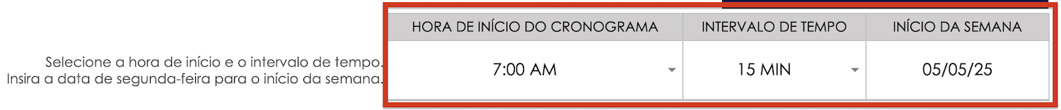 Intervalo de tempo de início do cronograma do Planilhas Google