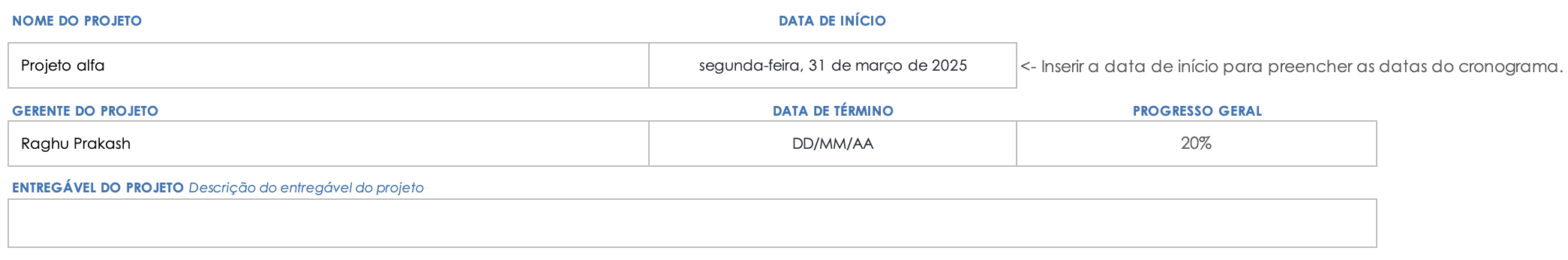 Cronograma do projeto excel detalhes básicos