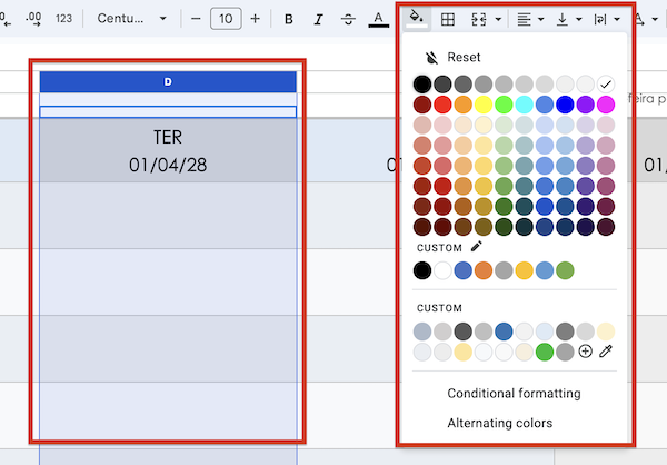 Cores personalizadas da programação diária básica