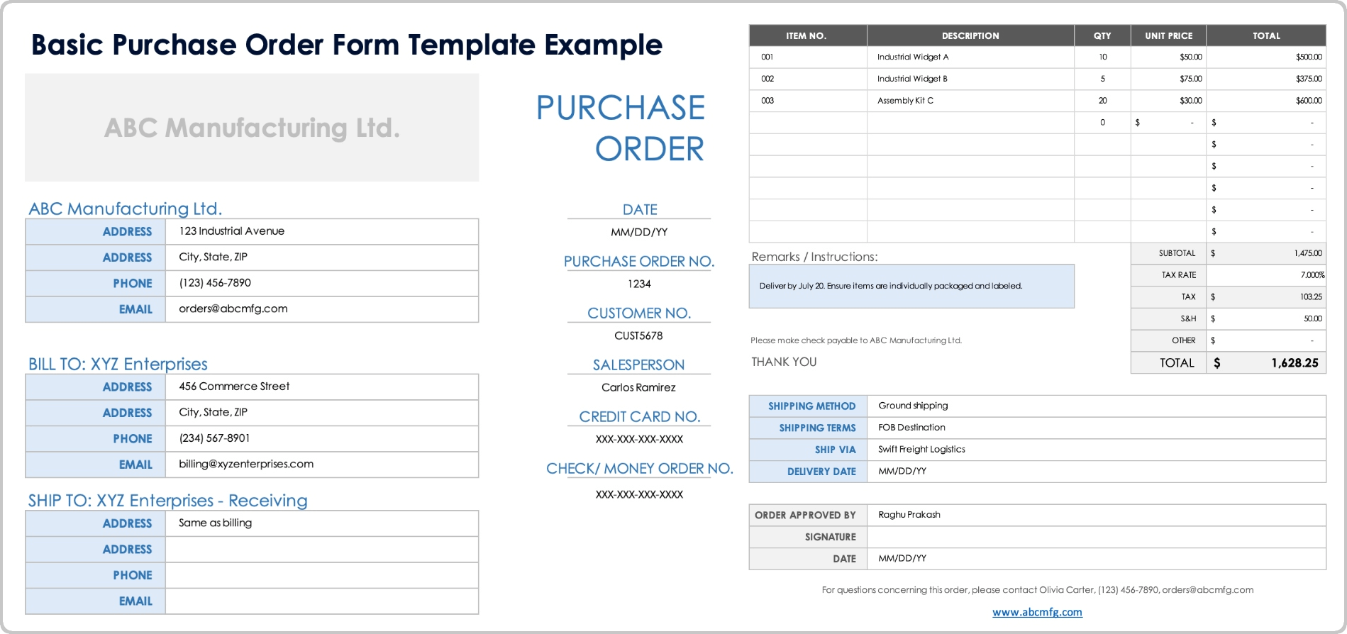 Basic Purchase Order Form Template Example