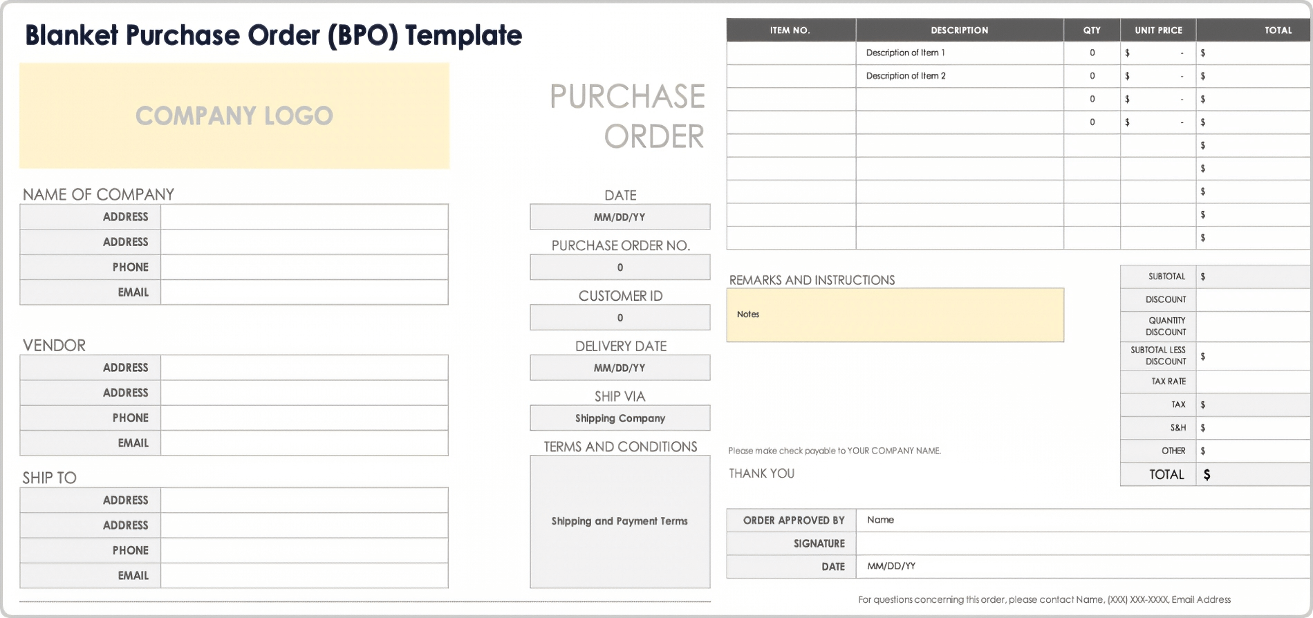 Blanket Purchase Order BPO Template