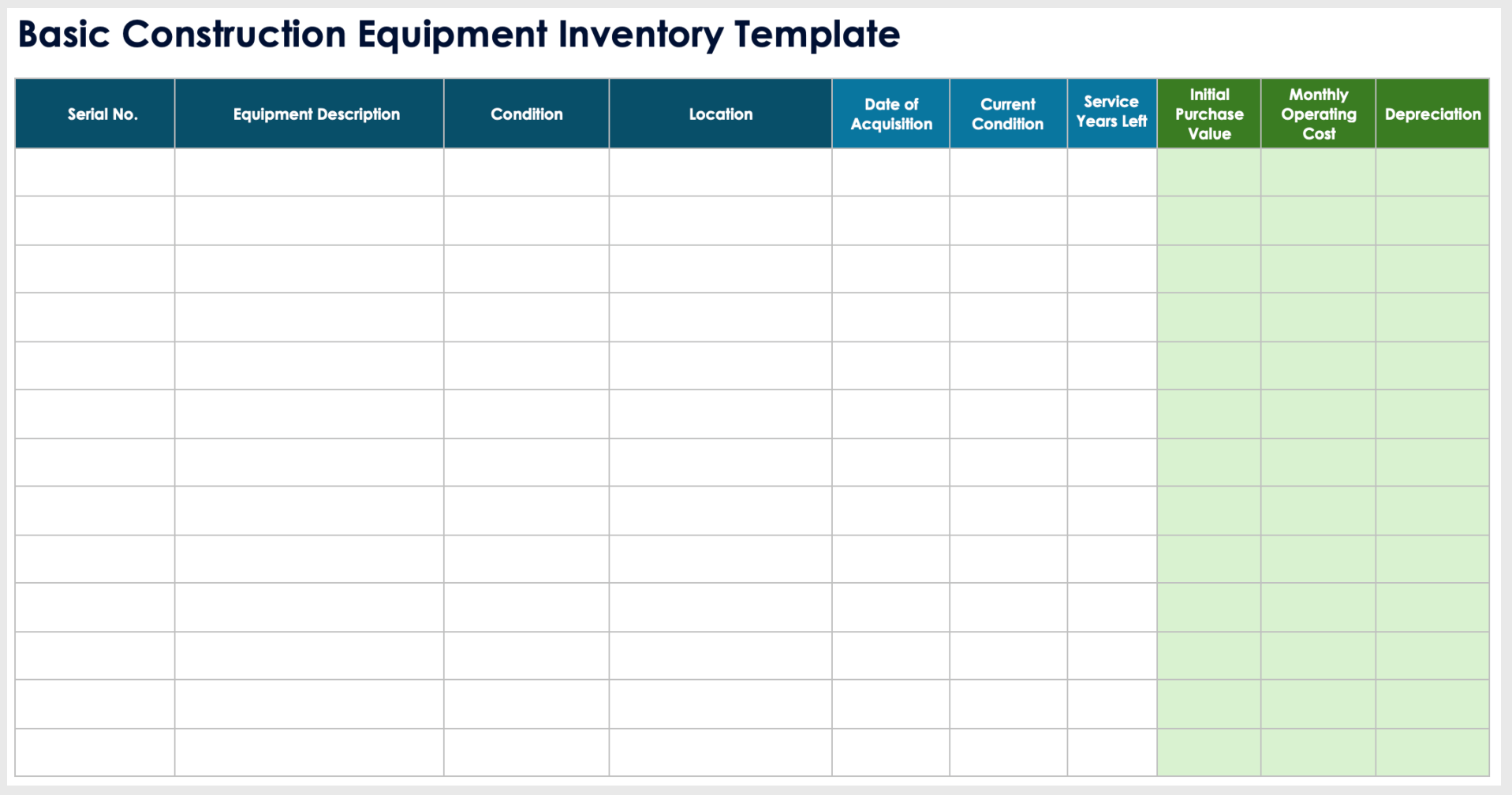 Modelo básico de inventário de equipamentos de construção