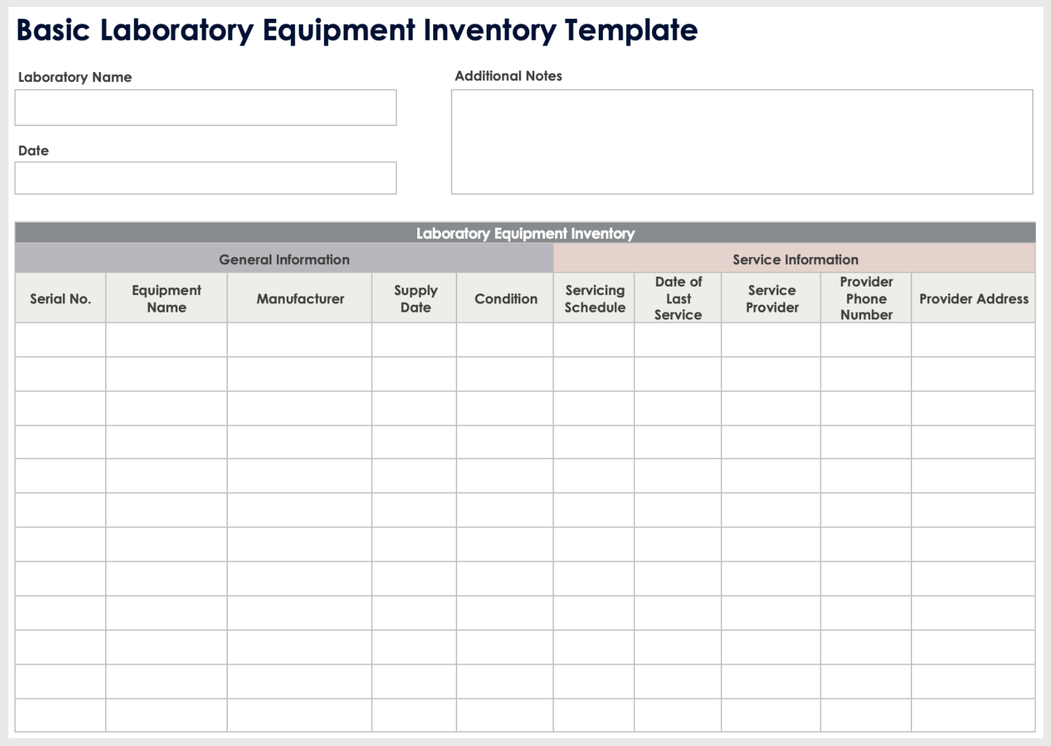 Modelo básico de inventário de equipamentos de laboratório
