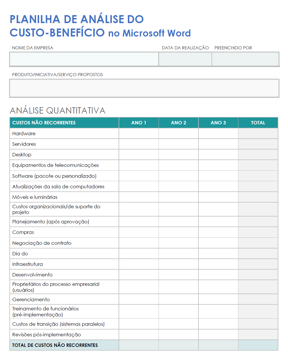  Planilha de análise de custo benefício para Microsoft Word