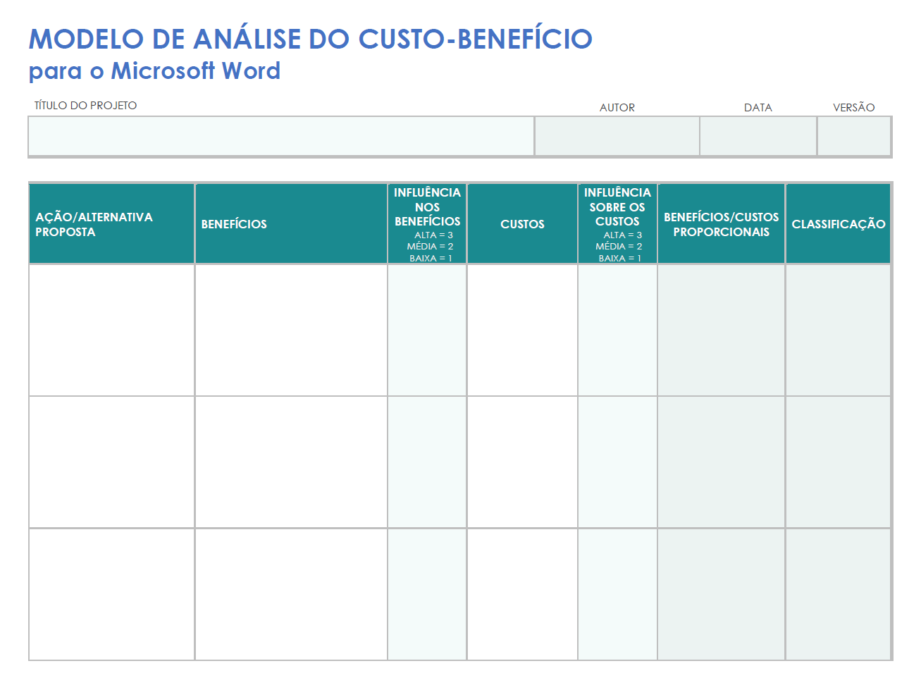  Modelo de análise de custo benefício para Microsoft Word