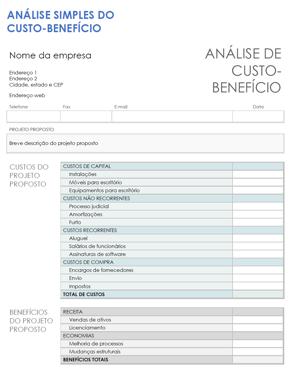  Modelo de análise de custo benefício simples para Microsoft Word