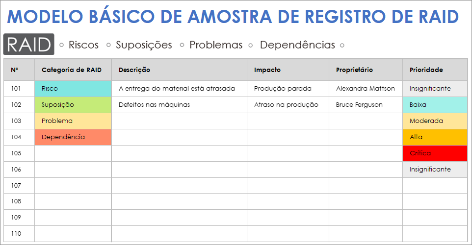  Modelo de amostra de log RAID básico