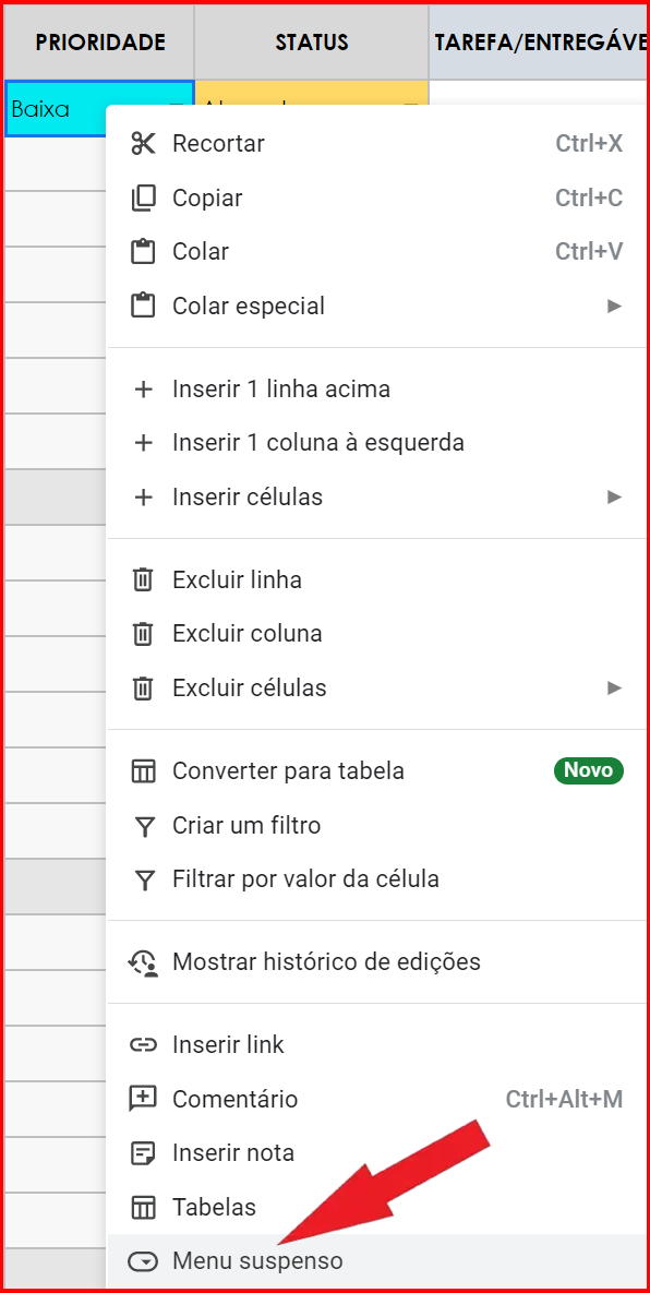  Criar lista de verificação do projeto no menu suspenso do Planilhas Google