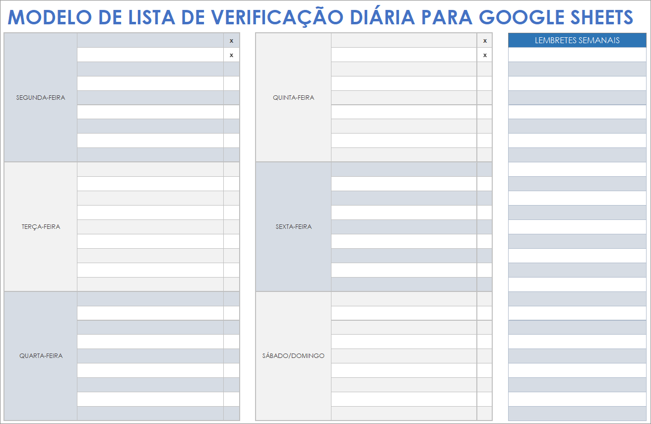  Modelo de lista de verificação diária para planilhas do Google