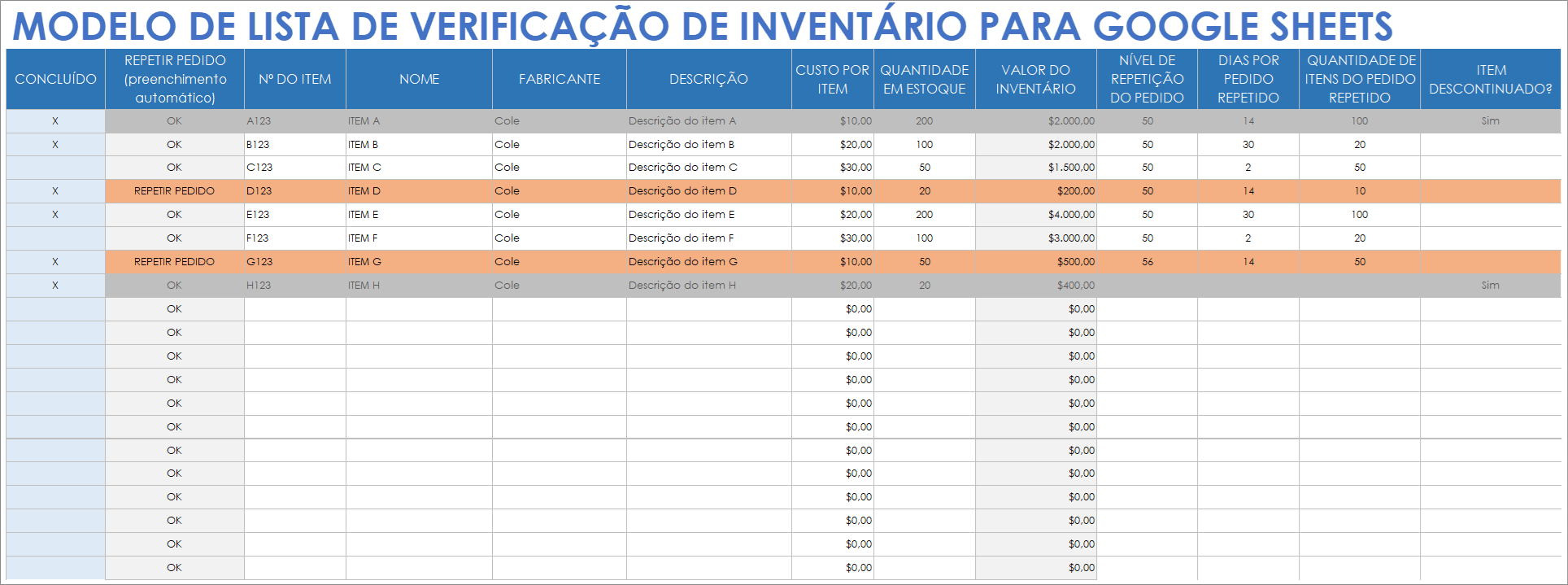  Modelo de lista de verificação de inventário para planilhas do Google