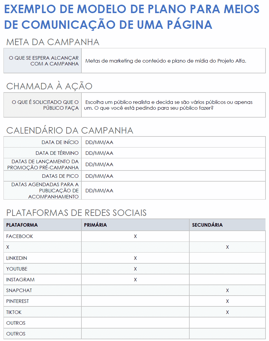  Modelo de exemplo de plano de mídia de uma página