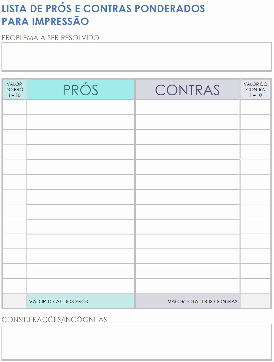  Modelo de lista de prós e contras ponderada para impressão